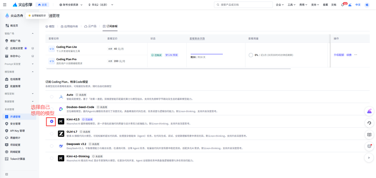 火山方舟 Coding Plan 开通管理页面