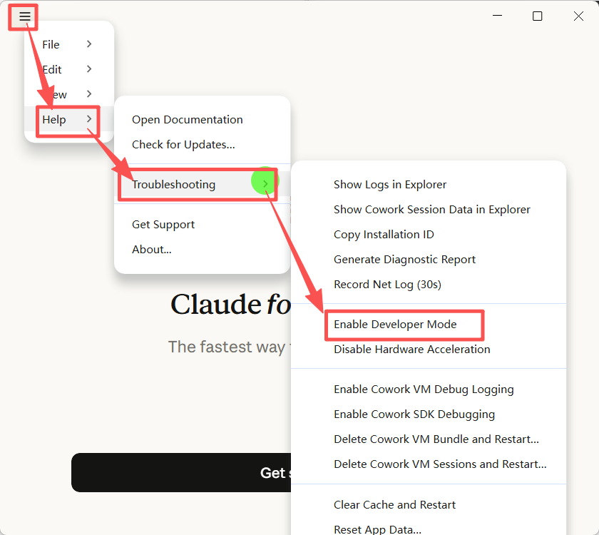 Claude Code Desktop 登录页开启开发者模式